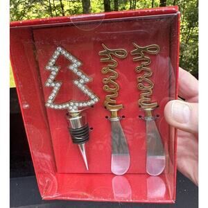 Holiday Christmas Tree wine bottle stopper & 2 cheese spreaders Brand New! C12